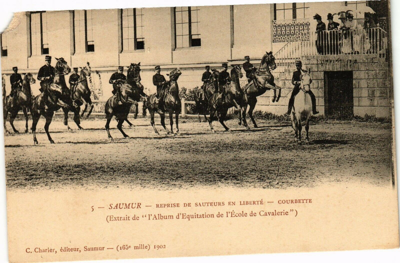Carte postale ancienne Saumur - Reprise de Sauteurs en Liberte - Courbette (Extrait de à Saumur