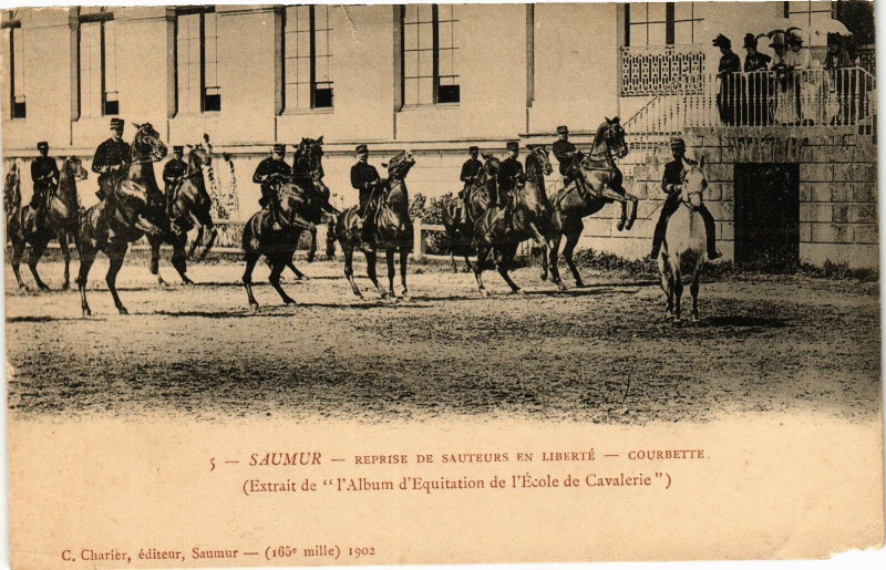 Carte postale ancienne Saumur - Reprise de Sauteurs en Libere - Courbette à Saumur