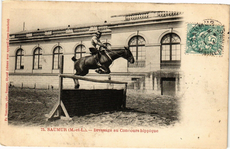 Carte postale ancienne Saumur - Dressage au Concours hippique à Saumur