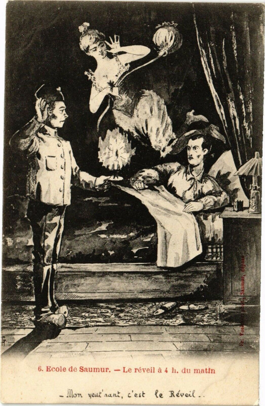 Carte postale ancienne Ecole de Saumur - Le reveil a 4 h. du matin à Saumur