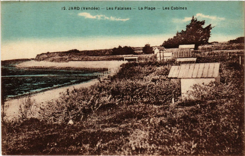 Carte postale ancienne Jard - Les Falaises - La Plage - Les Cabines