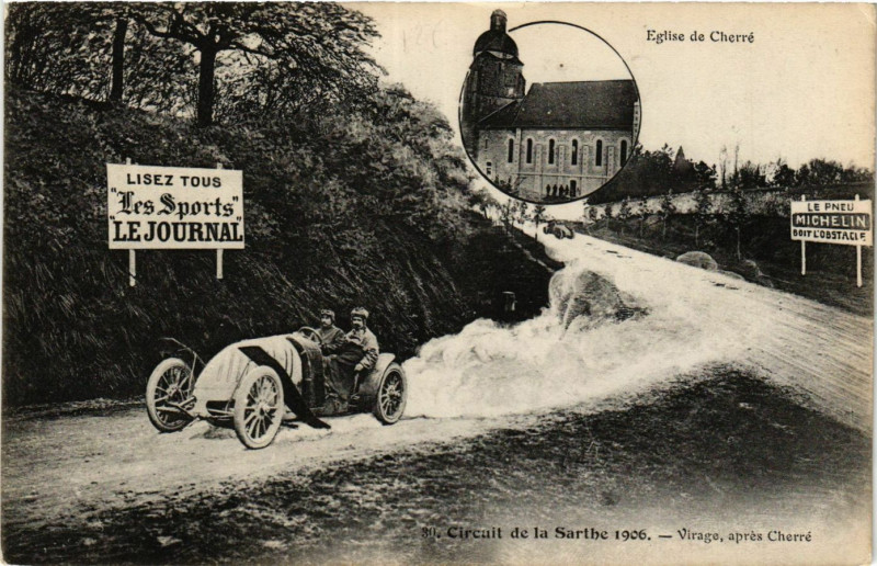 Carte postale ancienne Circuit de la Sarthe 1906 - Virage apres Cherre