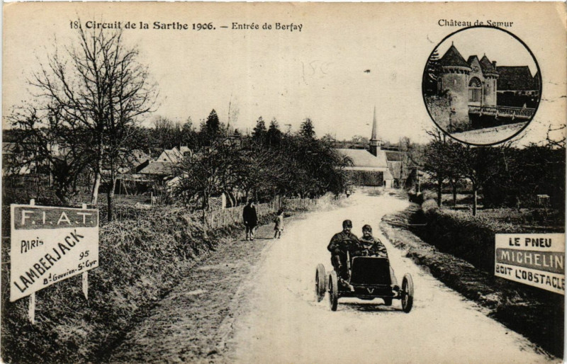 Carte postale ancienne Circuit de la Sarthe 1906 - Entrée de Berfay à Berfay
