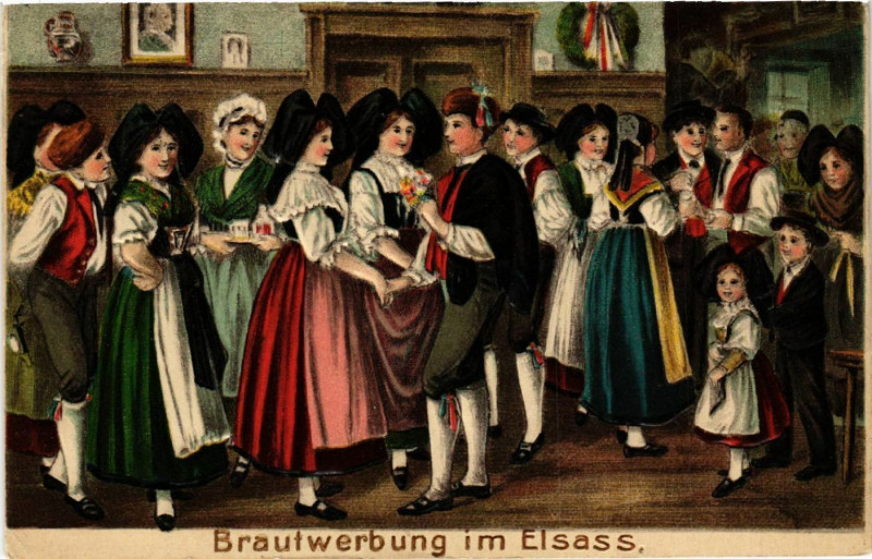 Carte postale ancienne Brautwerbung im Elsass - Folklore - Types