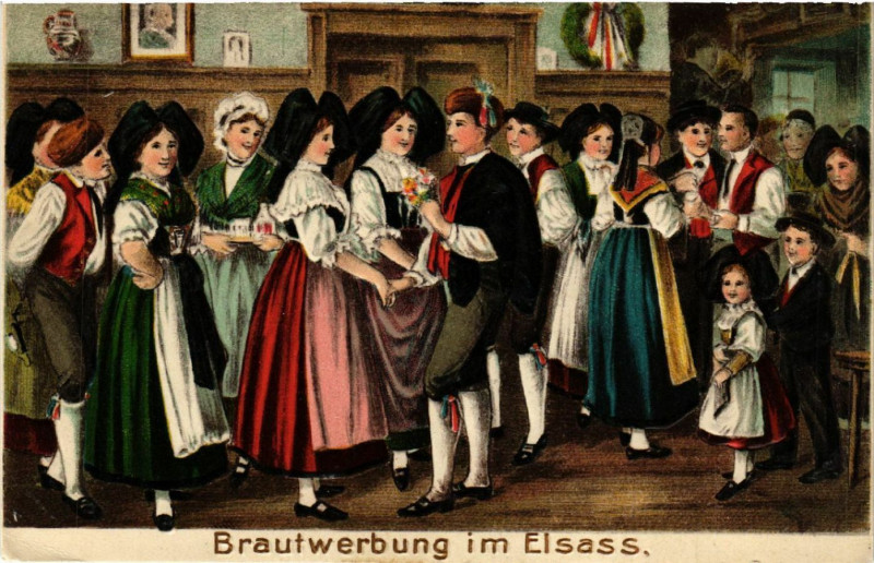 Carte postale ancienne Brautwerbung im Elsass - Folklore - Types