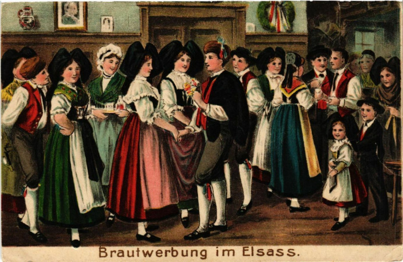 Carte postale ancienne Brautwerbung im Elsass - Folklore - Types