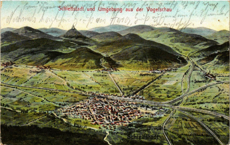 Carte postale ancienne Schlettstadt und Umgebung aus der Vogelschau