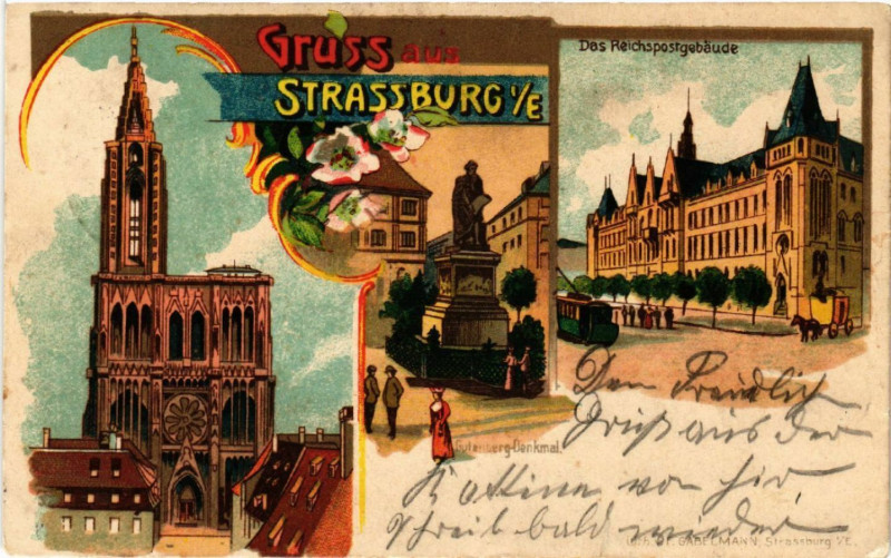 Carte postale ancienne Strasbourg - Strassburg - Reichspostgebaude - Gutenberg-Denkmal à Strasbourg