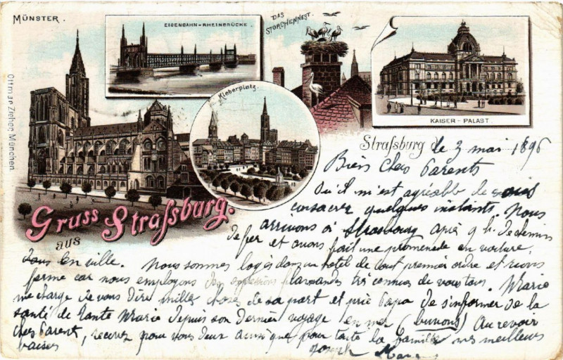 Carte postale ancienne Strasbourg Strassburg Munster Eisenbahn-Rheinbrucke Scenes à Strasbourg