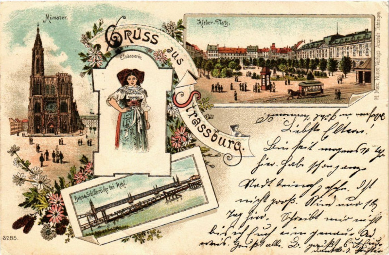 Carte postale ancienne Strasbourg - Strassburg - Kleber-Platz - Munster - Schiffbrucke à Strasbourg