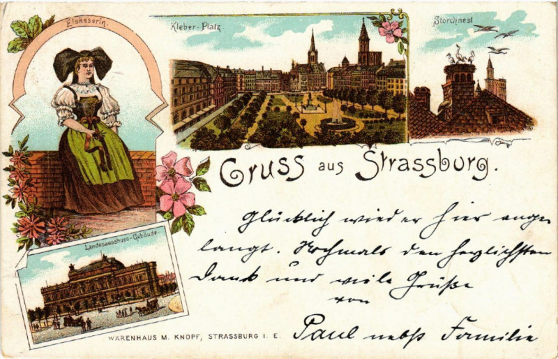 Carte postale ancienne Strasbourg Strassburg Elsasserin Kleber-Platz Storchnest à Strasbourg