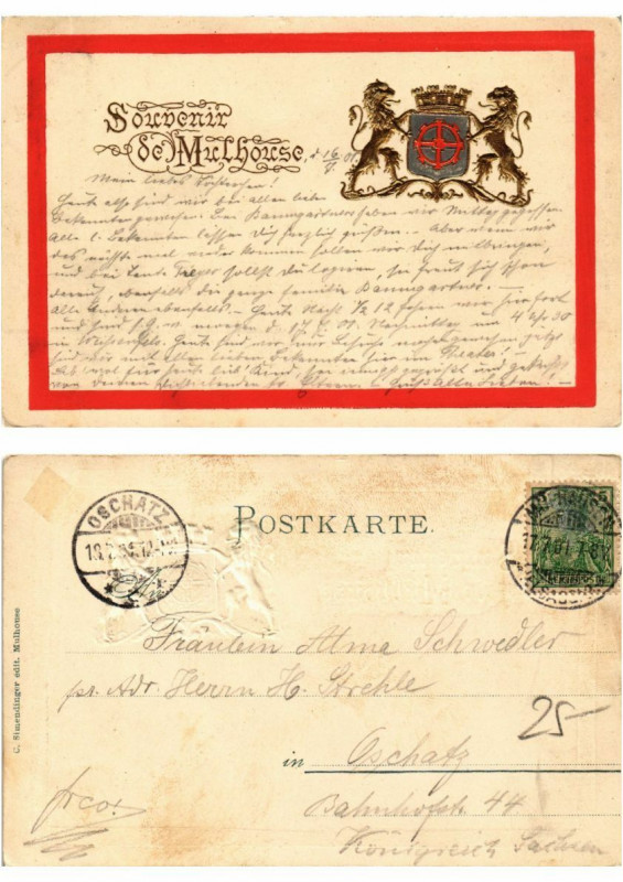 Carte postale ancienne Litho souvenir de Mulhouse 1901 . Alsace à Mulhouse