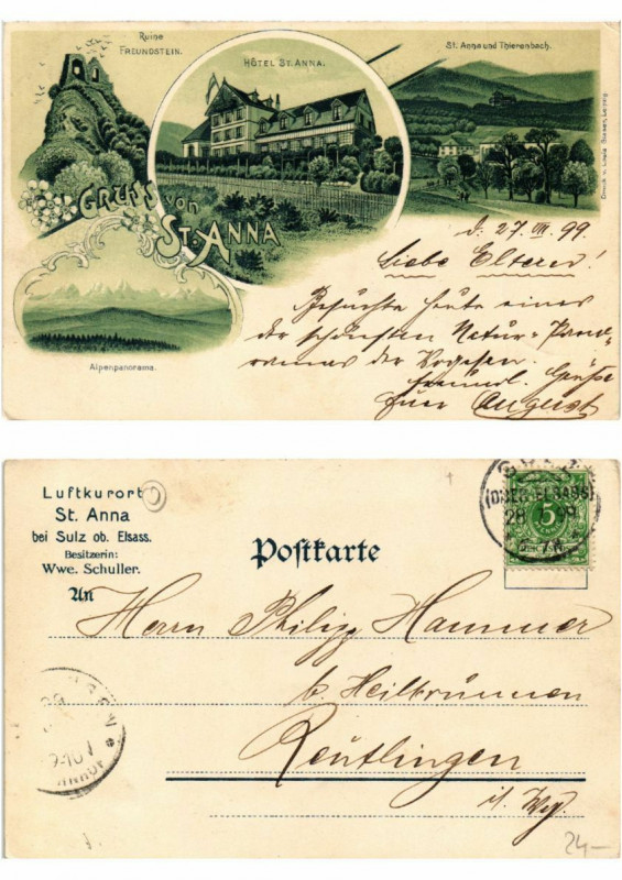 Carte postale ancienne Litho Gruss von St. Anna 1899 . Alsace
