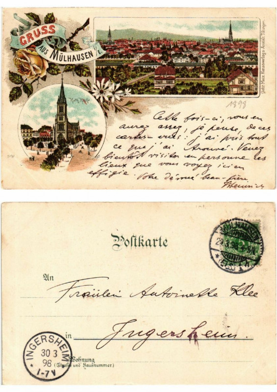 Carte postale ancienne Litho Gruss aus Mulhausen 1898 . Alsace