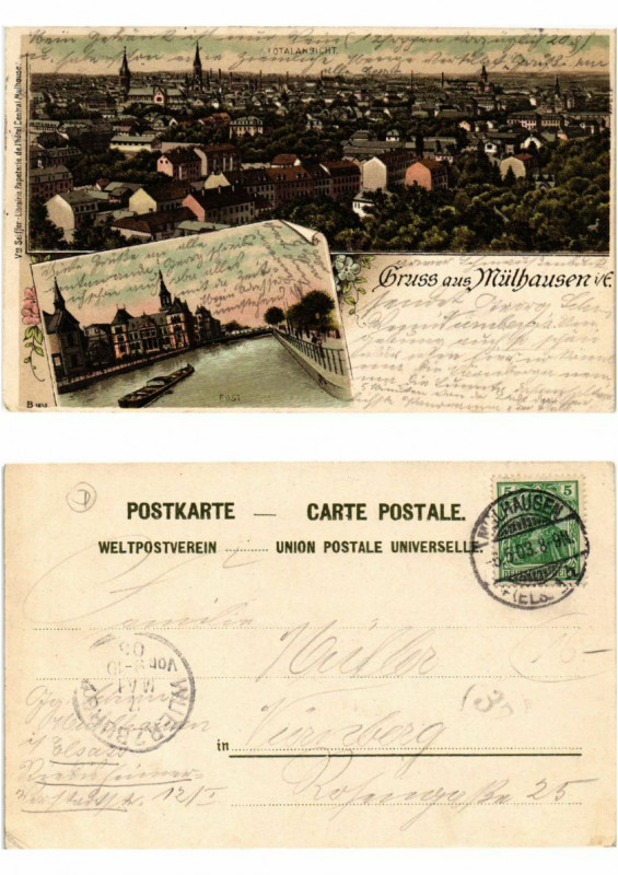 Carte postale ancienne Litho Gruss aus Mulhausen 1903 . Alsace