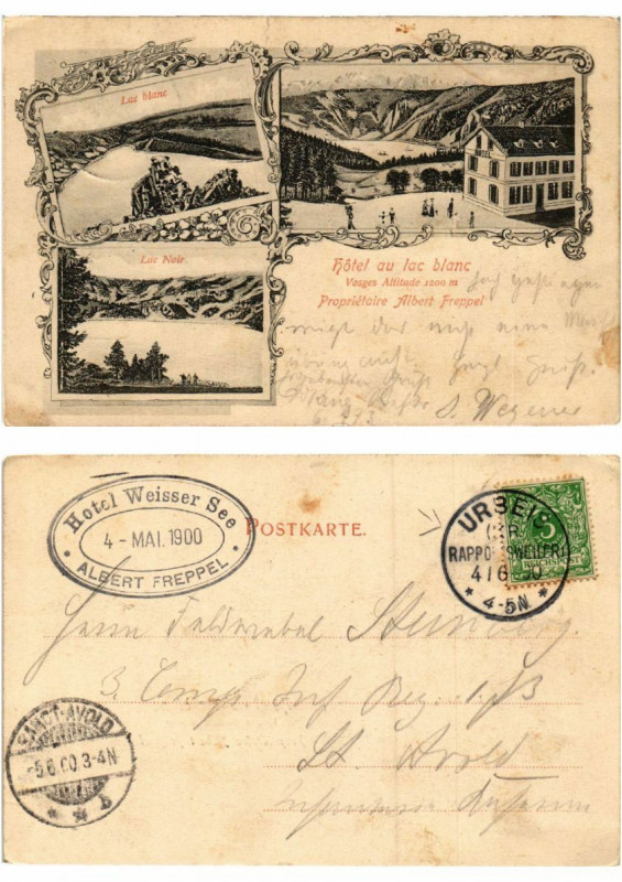 Carte postale ancienne Litho Hotel au Lac Blanc propr. Albert Freppel 1900. Alsace