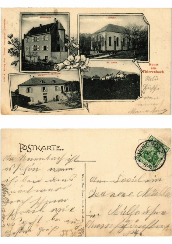 Carte postale ancienne Gruss aus Thierenbach 1908 . Alsace