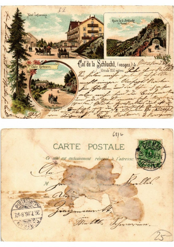 Carte postale ancienne Litho Col De La Schlucht 1898 . Alsace