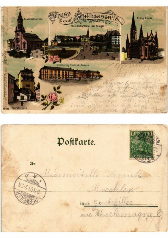 Carte postale ancienne Litho Gruss aus Mulhausen 1901 . Alsace