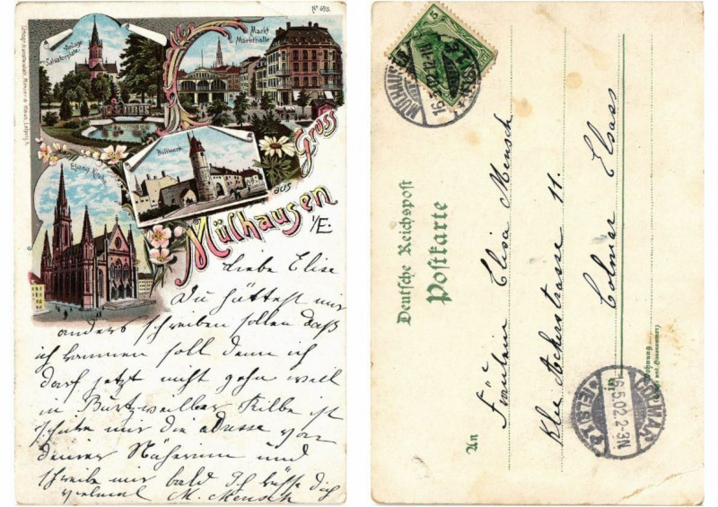 Carte postale ancienne Litho Gruss aus Mulhausen 1902. Alsace