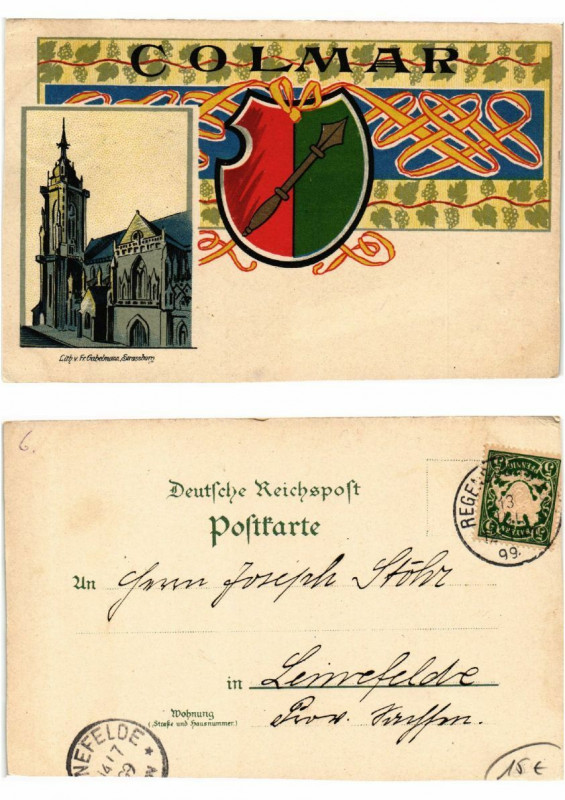 Carte postale ancienne Litho Colmar 1899 . Alsace à Colmar