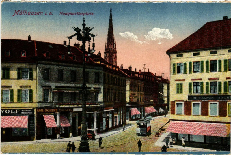 Carte postale ancienne Mulhausen - Mulhouse - Neuquartierplatz à Mulhouse