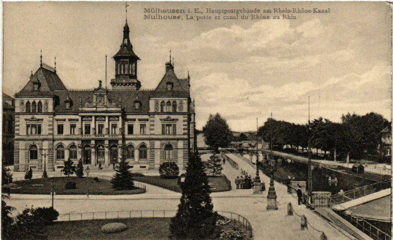 Carte postale ancienne Mulhausen - Mulhouse - La Poste et Canal du Rhone au Rhin à Mulhouse