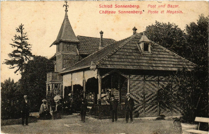Carte postale ancienne Chateau Sonnenberg - Schloss Sonnenberg - Poste et Magasin
