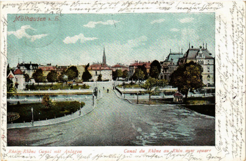 Carte postale ancienne Mulhausen - Mulhouse - Canal du Rhone au Rhin avec Square à Mulhouse
