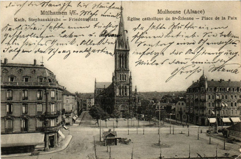 Carte postale ancienne Mulhausen - Mulhouse - Place de la Paix - Eglise de Saint-Etienne à Mulhouse