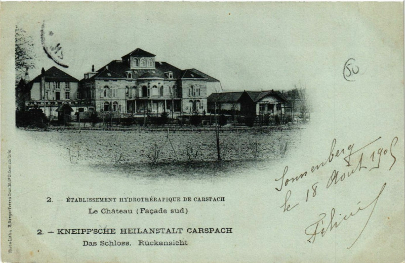 Carte postale ancienne Etabl. Hydrotherapique de Carspach - Le Chateau (Facade sud à Carspach