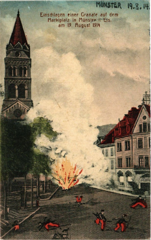 Carte postale ancienne Einschlagen einer Granate auf dem Marktplatz in Munster i. Els. à Munster