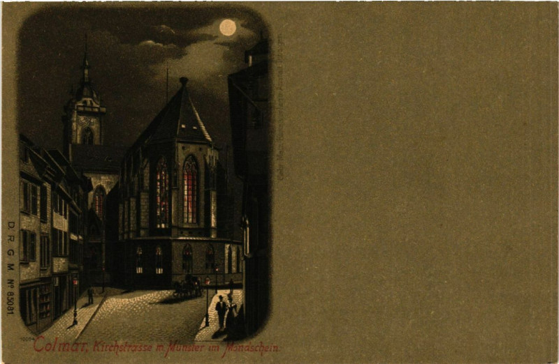 Carte postale ancienne Colmar Kirchstrasse in Munster im Mondschein à Colmar