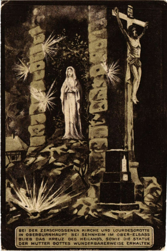 Carte postale ancienne B. der Zerschossenen Kirche und Lourdesgrotte in Oberburnhaupt