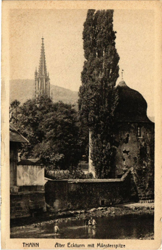 Carte postale ancienne Thann - Alter Eckturm mit Munsterpitze à Thann