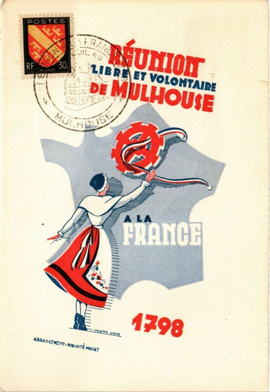 Carte postale ancienne Reunion libre et volontaire de Mulhouse - a la France 1798 à Mulhouse