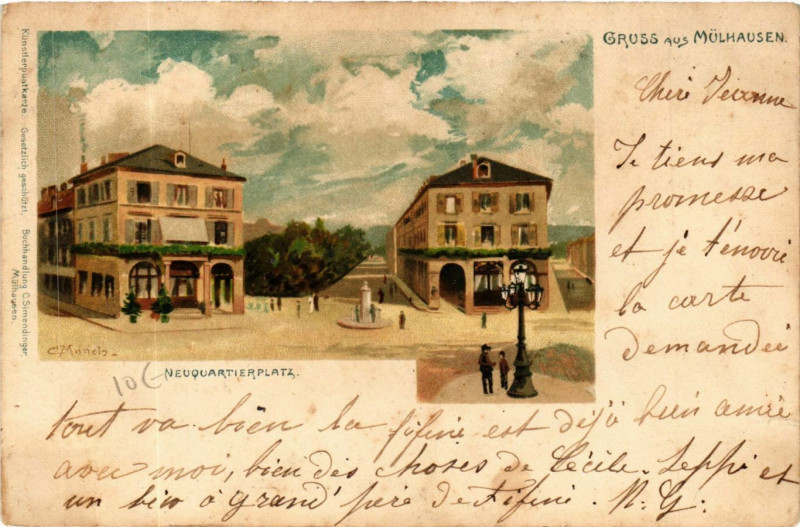 Carte postale ancienne Gruss ais Mulhausen - Neuquartierplatz