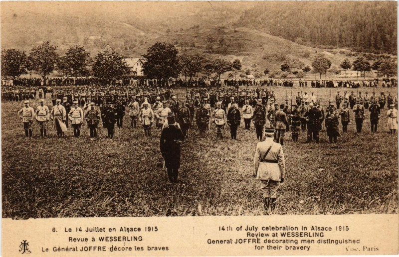 Carte postale ancienne 14 Juillet en Alsace 1915 Revue a Wesserling-Le General Joffre