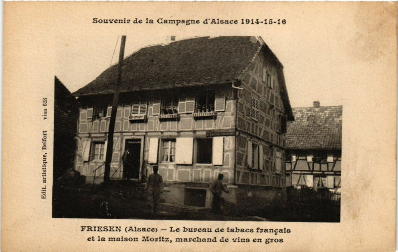 Carte postale ancienne Firesen (Alsace) bureau de tabacs francais et maison Moritz