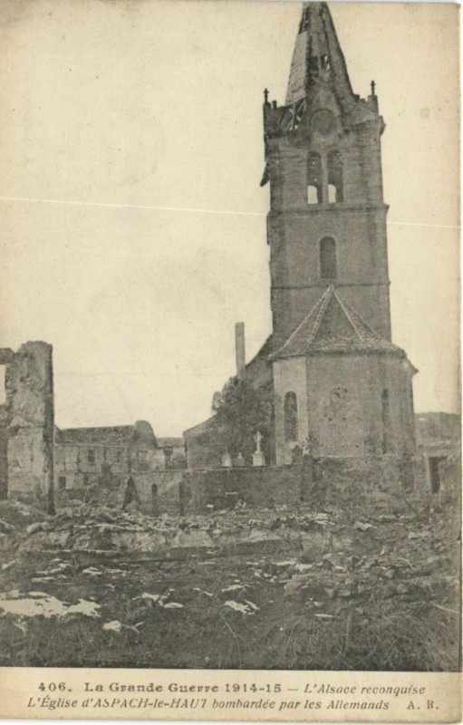 Carte postale ancienne La Grande Guerre 1914-15 L'Alsae reconquise L'Eglise d'Aspach. à Aspach