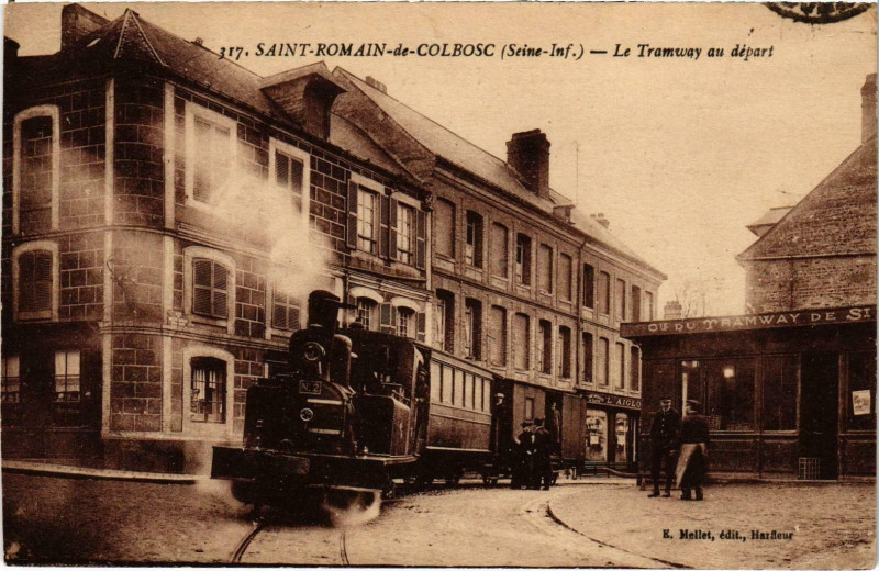 Carte postale ancienne Saint-Romain-de-Colbosc Le Tramway au depart Tram Vapeur à Saint-Romain-de-Colbosc