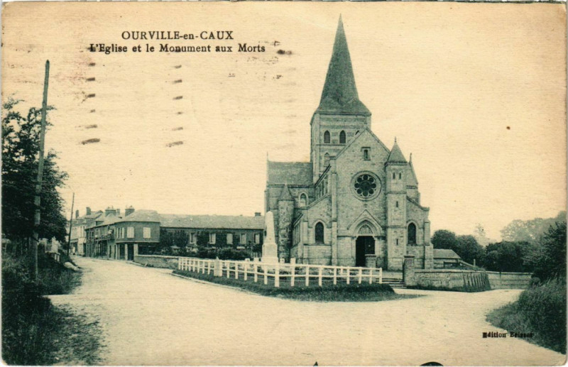 Carte postale ancienne Ourville-en-Caux - L'Eglise et le Monument aux Morts à Ourville-en-Caux