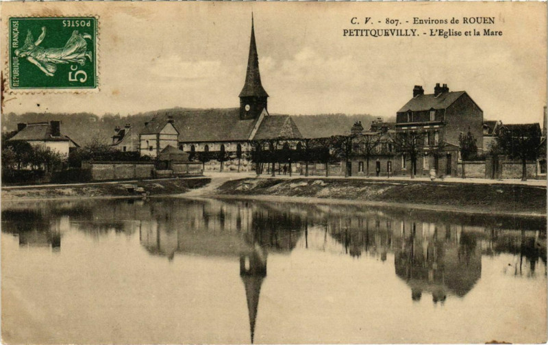 Carte postale ancienne Petit-Quevilly - L'Eglise et la Mare