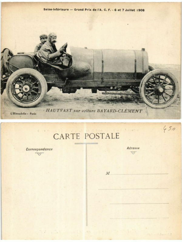 Carte postale ancienne Grand Prix de l'A.C.F. Hautvast sur voiture Bayard-Clement