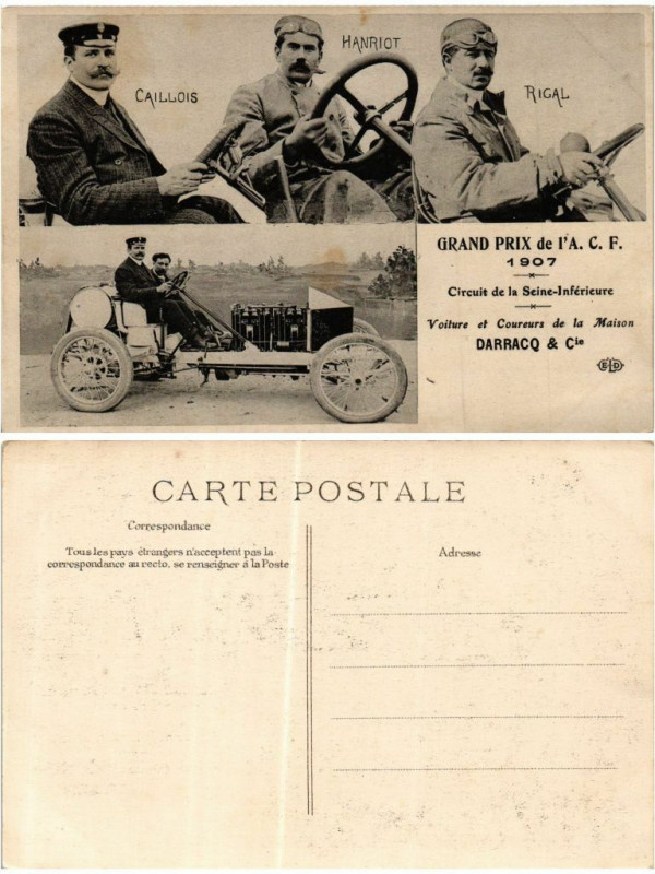 Carte postale ancienne Grand Prix de l'A.C.F. Voiture et Coureurs de la Maison Darracq à Eu