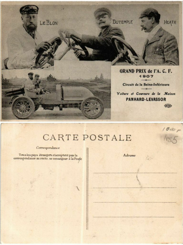 Carte postale ancienne Grand Prix de l'A.C.F. Voiture et Coureurs de la Maison Panhard à Eu
