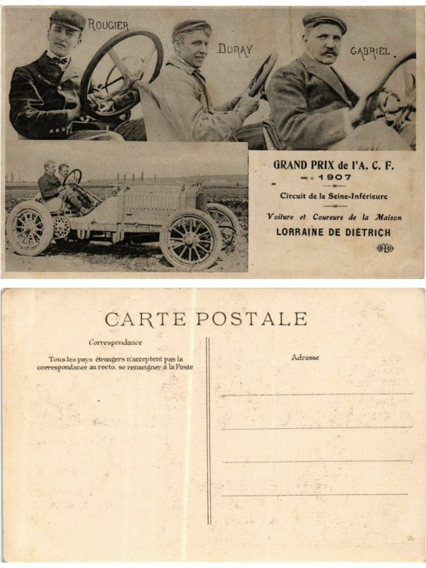 Carte postale ancienne Grand Prix de l'A.C.F. Voiture et Coureurs de la Maison Dietrich à Eu