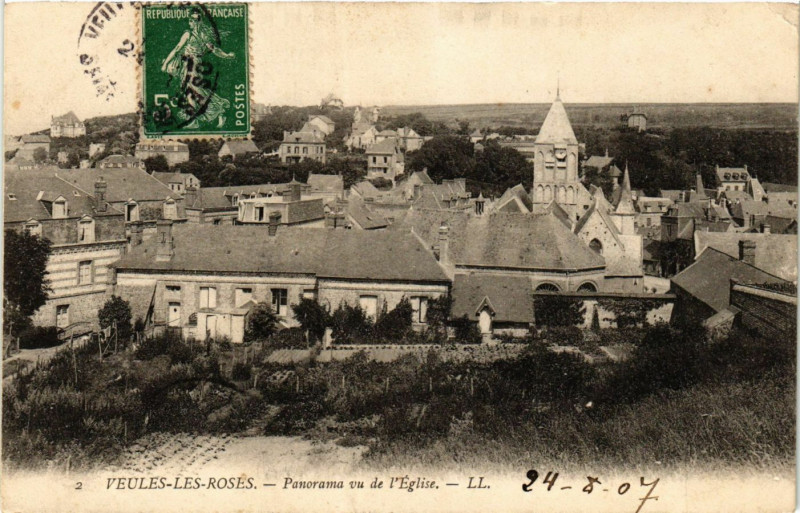 Carte postale ancienne Veules Les Roses Panorama vu de l'Eglise à Eu