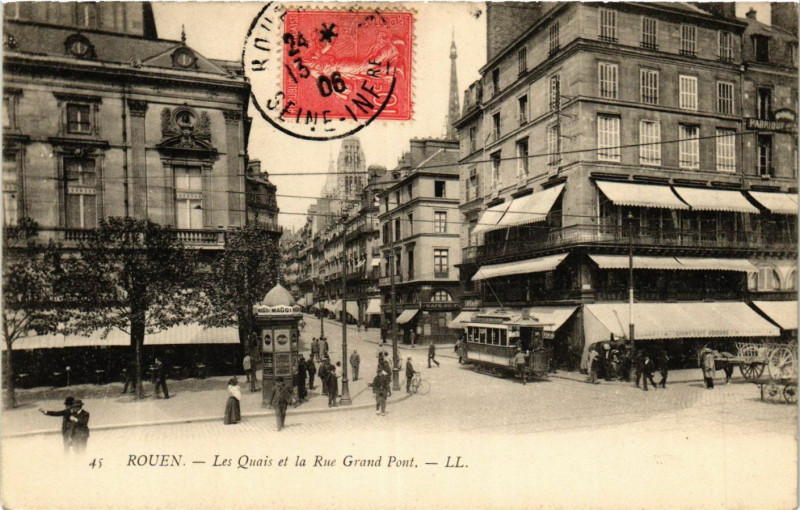 Carte postale ancienne Rouen Les Quais et la Rue Grand Pont à Rouen