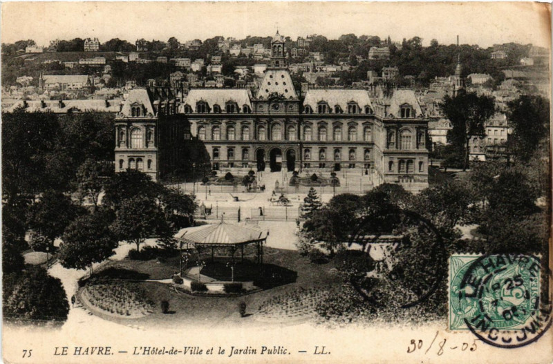 Carte postale ancienne Le Havre L'Hotel de Ville et le Jardin Public au Havre